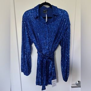 ASOS DESIGN Oversized Sequin Mini Shirt Dress w/belt in Blue